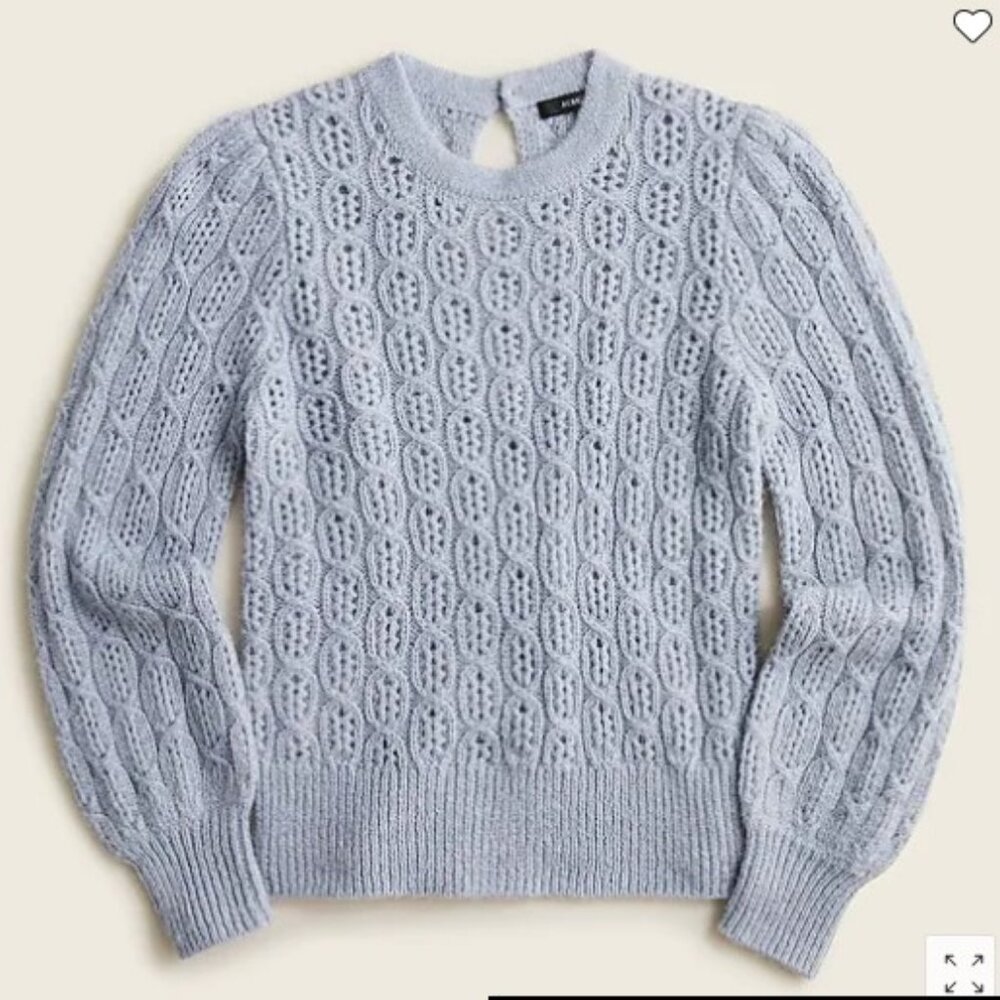 J. Crew Balloon Sleeve Pointelle Cable Knit Crewneck Sweater NWT Dusty Sky Med